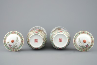 A pair of fine Chinese famille rose vases and covers with quails, Republic, 20th C.